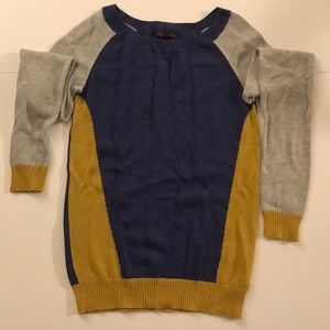 Blue, gold, and gray crew neck sweater